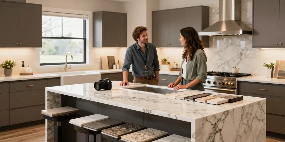 Custom countertop designers Hamilton working with clients in elegant kitchen showroom.