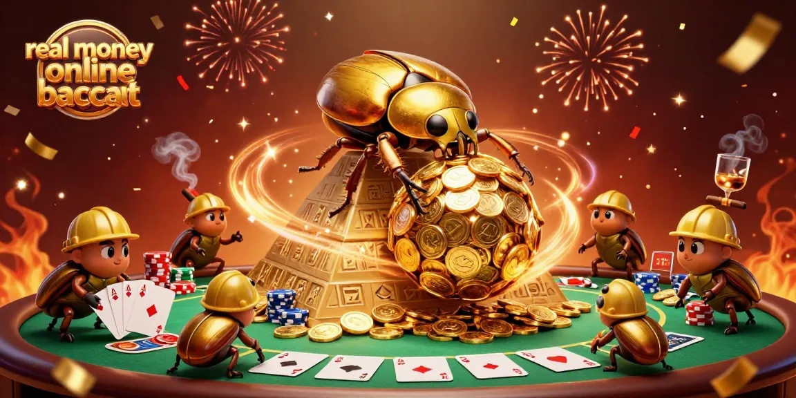 Engage in real money online baccarat with a vibrant 3D casino scene bursting with energy.