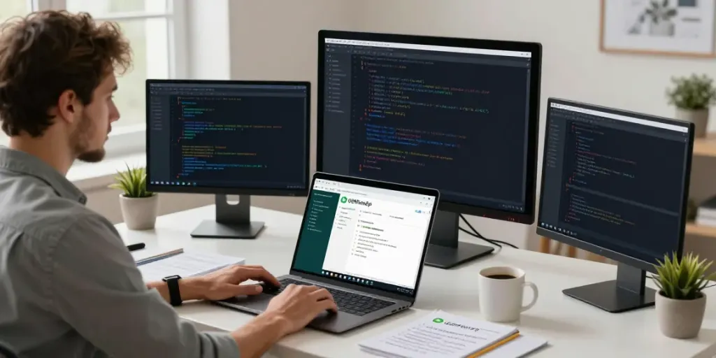 Developer in home office focused on latest version download of GBWhatsApp APK with multiple monitors.