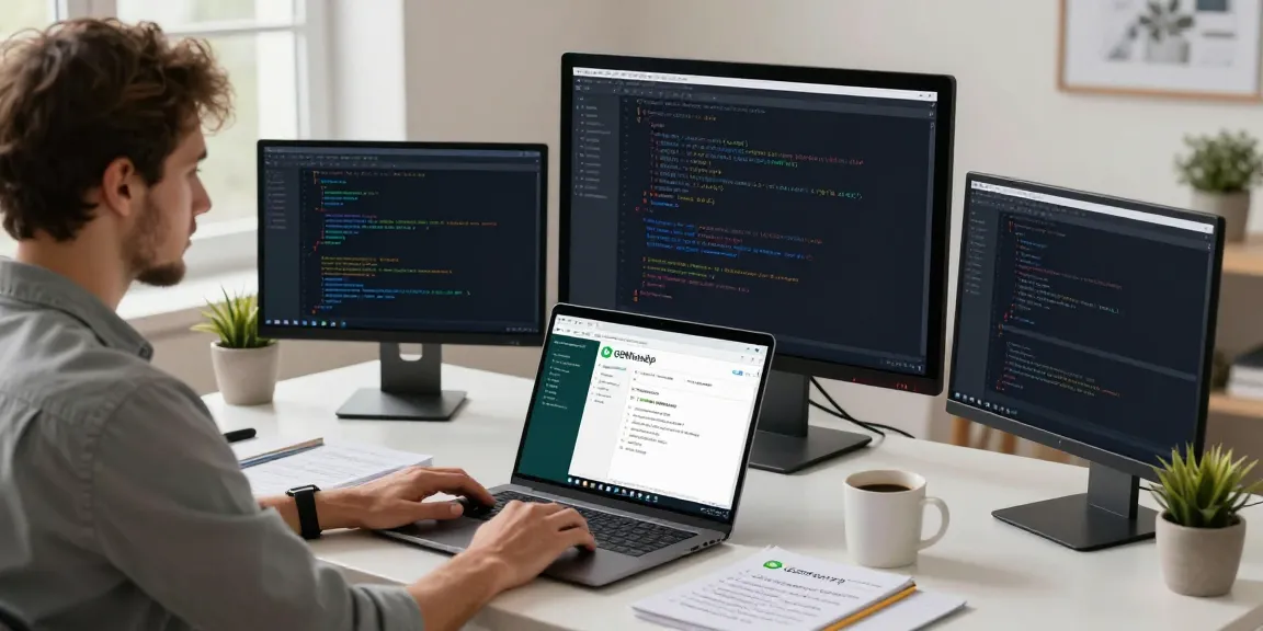 Developer in home office focused on latest version download of GBWhatsApp APK with multiple monitors.