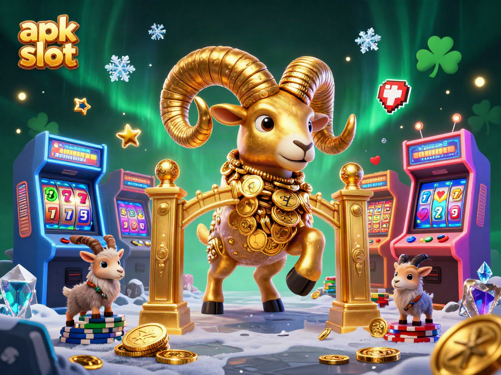 Engage with apk slot games featuring a golden ram charging through colorful slot machines and jackpots.
