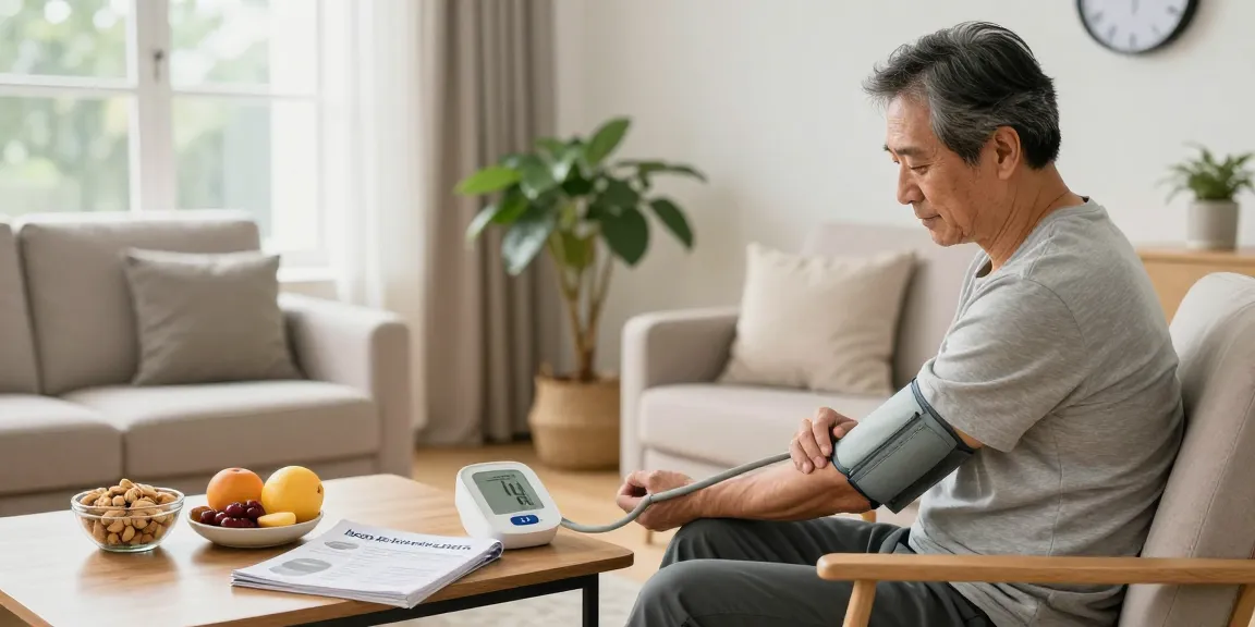 Middle-aged man measuring blood pressure with a digital blood pressure device in a cozy living room.