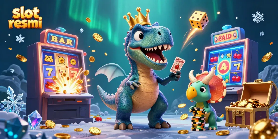 Experience thrilling fun with slot resmi featuring a T-Rex shuffling cards in a vibrant casino illustration.