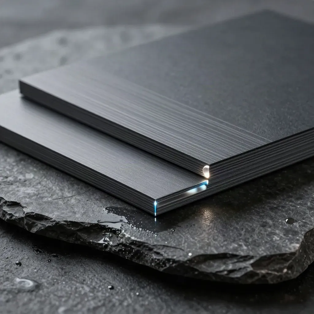 Graphite journey-builder plates on wet basalt with a glowing node and mist