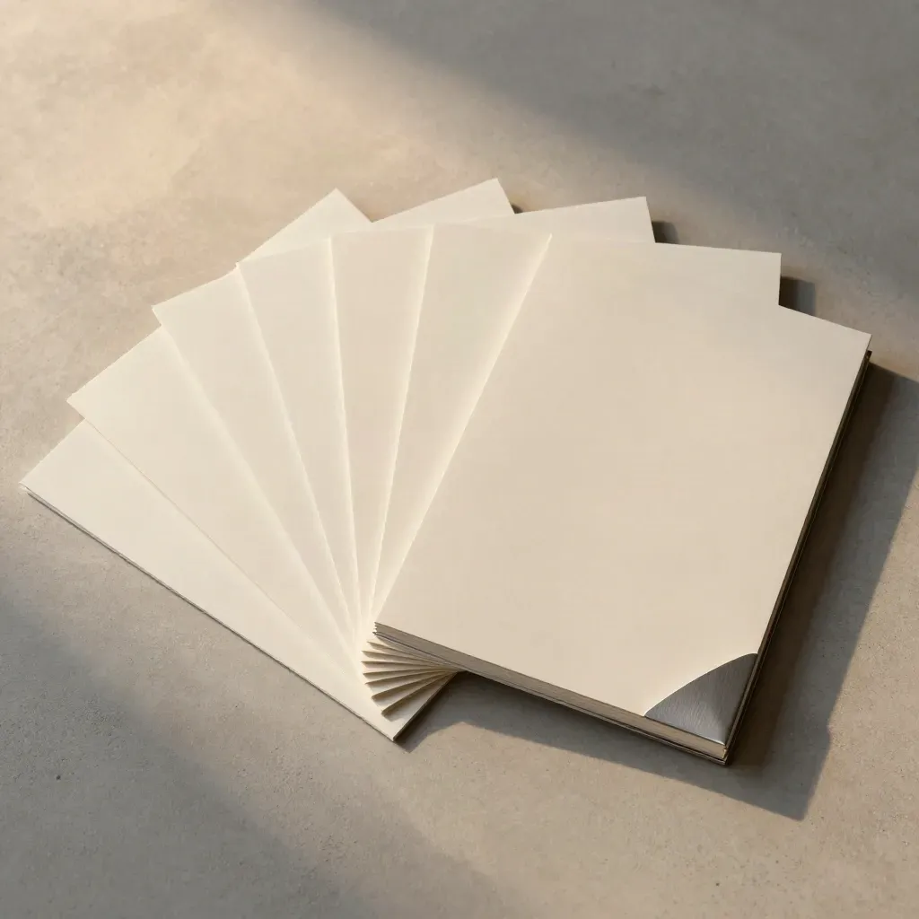 Overhead flat lay of cream page modules, aluminum spine, and folded corners on pale concrete.