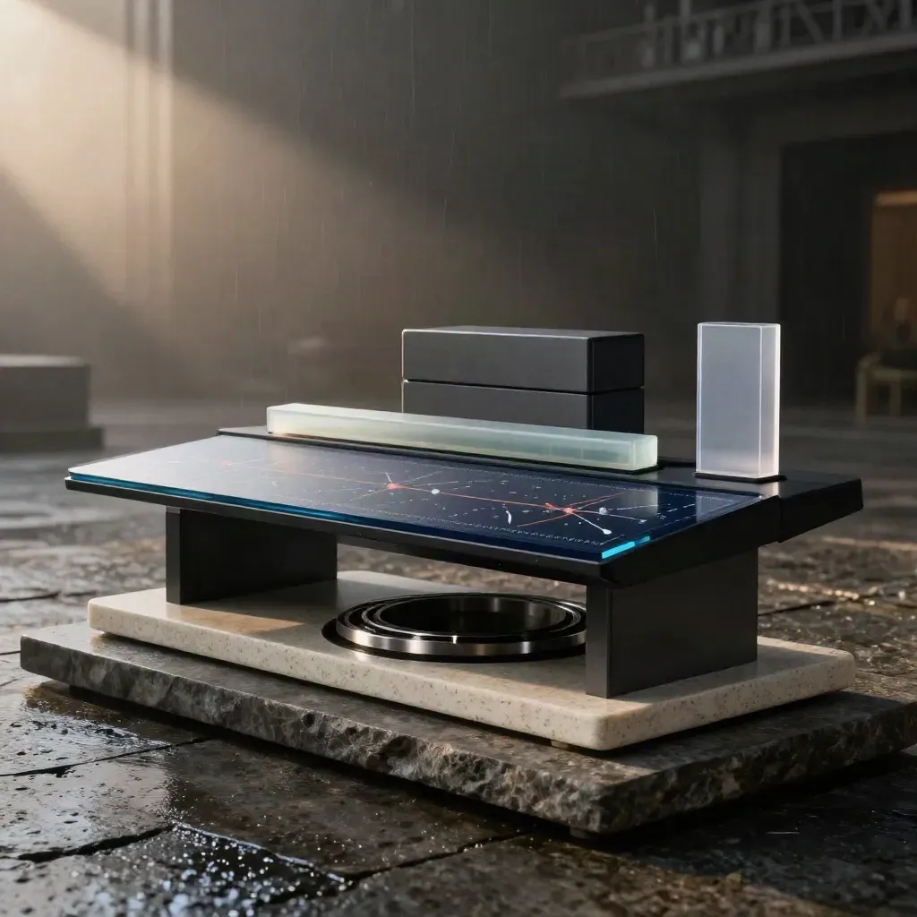 Black-glass journey console with translucent route panels on stone in misty blue-hour light.