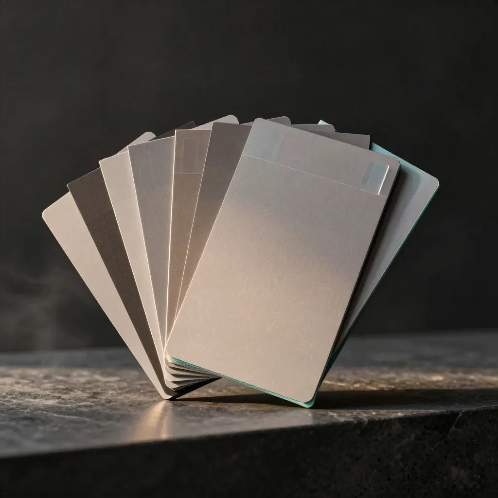 Matte cards, acrylic tabs and a dark sleeve box fanned on a stone ledge in dramatic studio light.