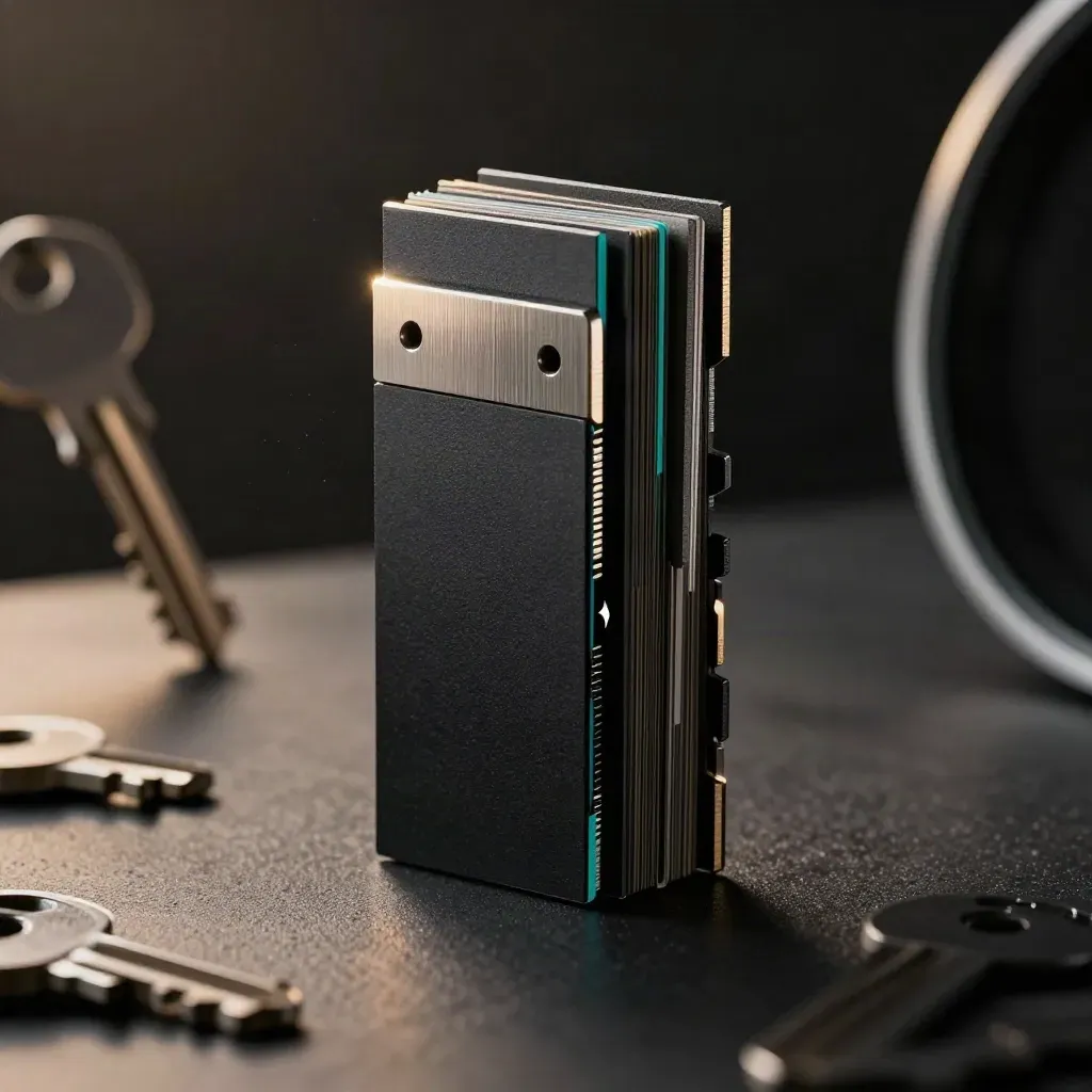 Dramatic black module stack with teal markers and a metal block in dark studio light