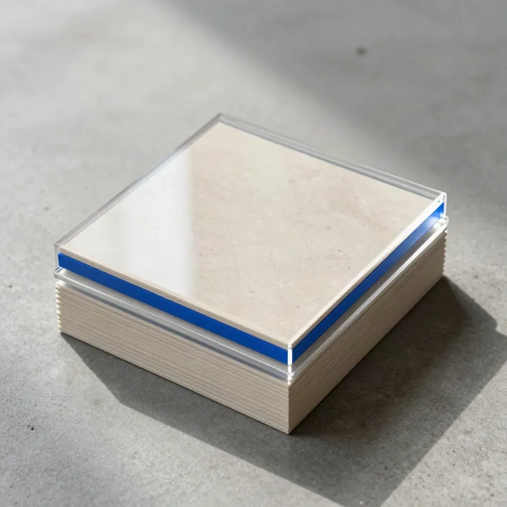Overhead flat lay of layered acrylic analytics cards with an electric-blue edge on matte concrete.