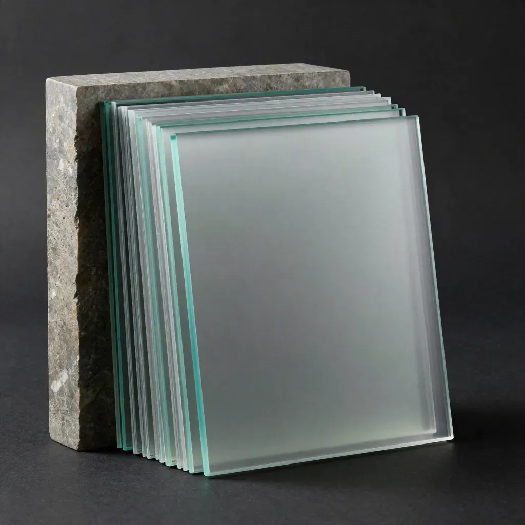 Translucent customer story panels on a stone block in a dark studio, lit dramatically from below.
