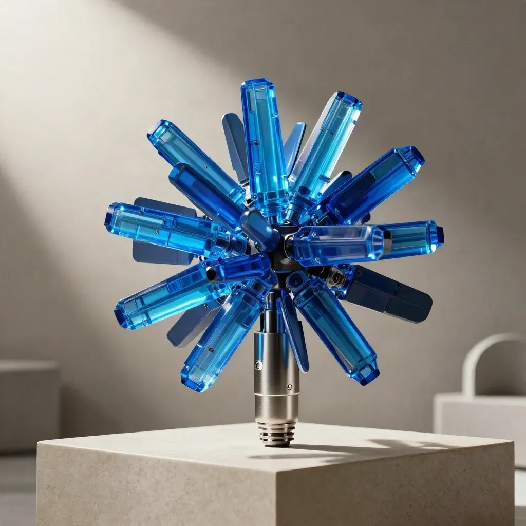 Electric-blue modular product cluster bursting outward on a stone pedestal