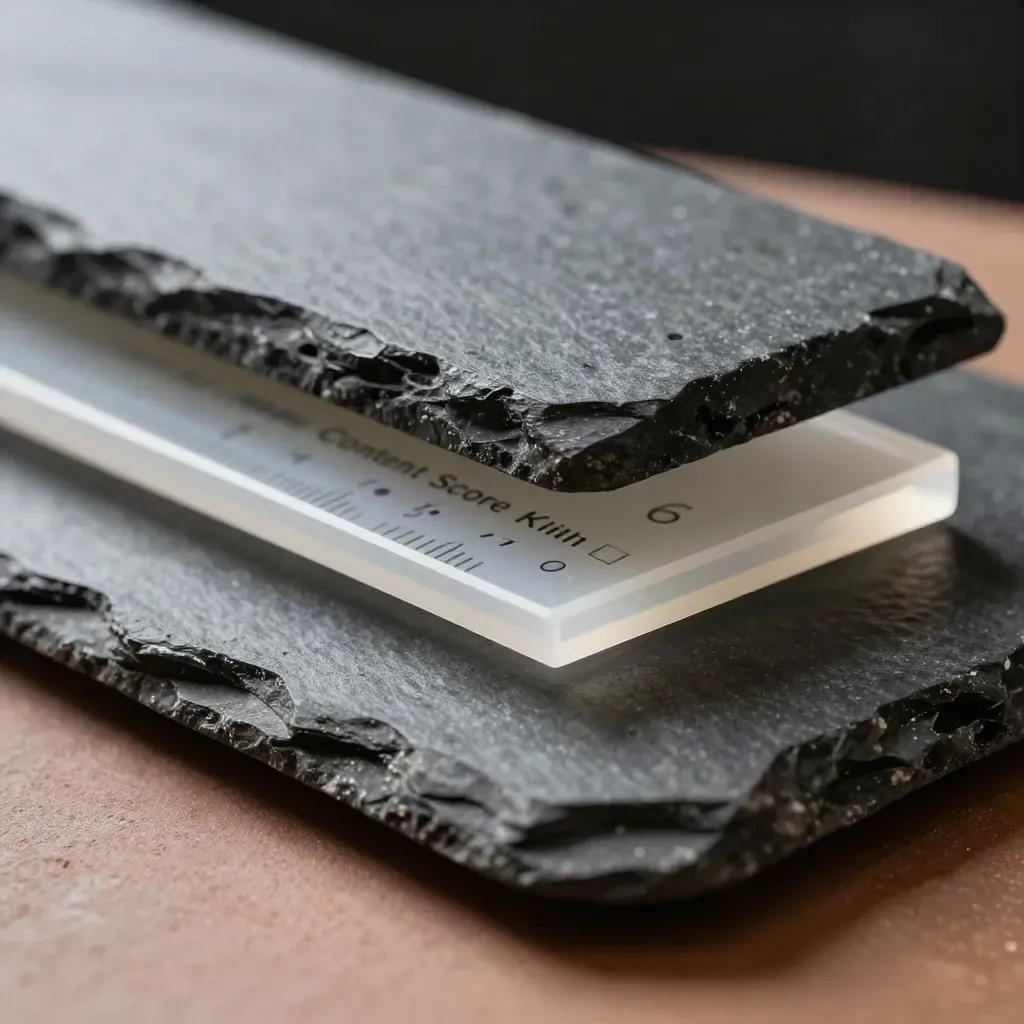 Stone disc, slate bar, and translucent plate stacked in a dramatic macro still life.