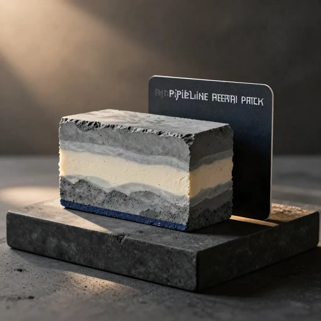 Graphite report pack with pale inserts and a navy edge on a dark concrete plinth