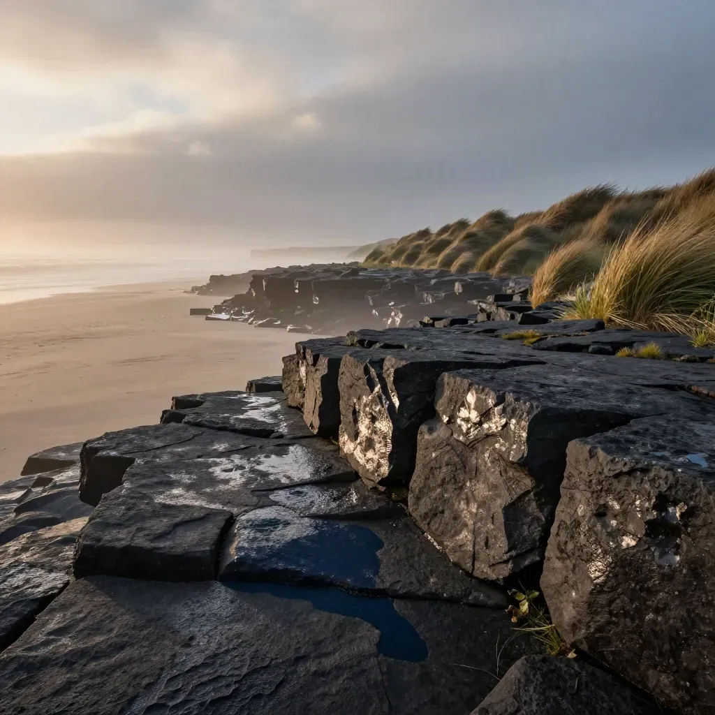 Storm-lit coastal bluff with grasses, fog, and open misty sea below