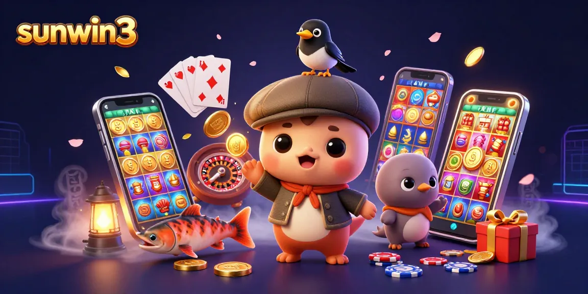 Engage with innovative gaming on sunwin3 featuring a vibrant scene of spinning slot games and playful characters.
